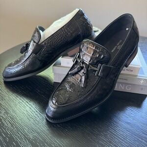 Giovanni Valentino Men's Black Loafers | Croc Embossed Size 8 Top-Grain Leather